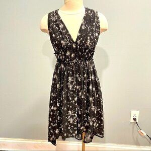 Dex Black White Space Print Fit Flare High Low Sleeveless V-Neck Dress